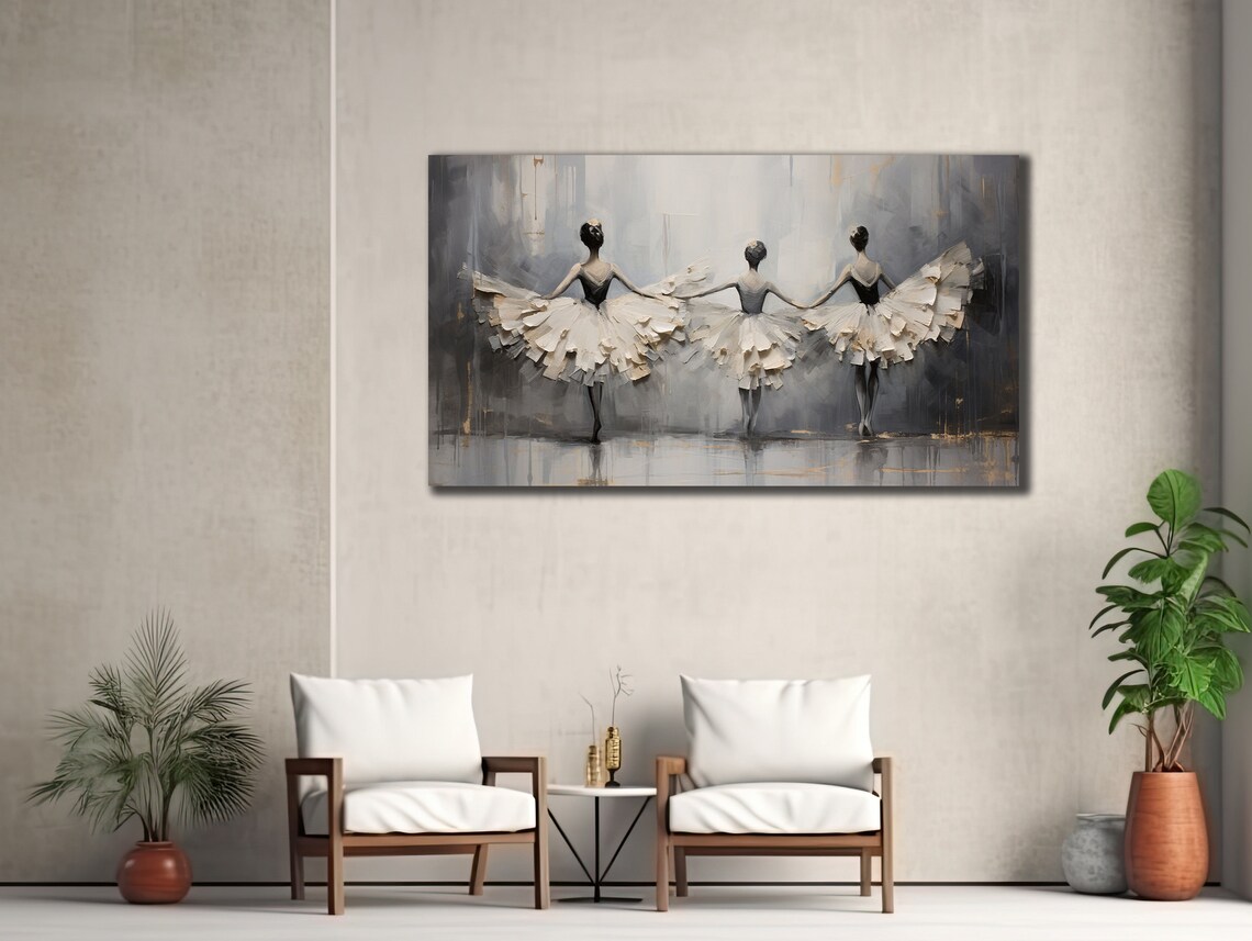 Three Ballerinas Gray Painting Back View Elegant Ballet Dancers Trio Wall Poster - Image 3