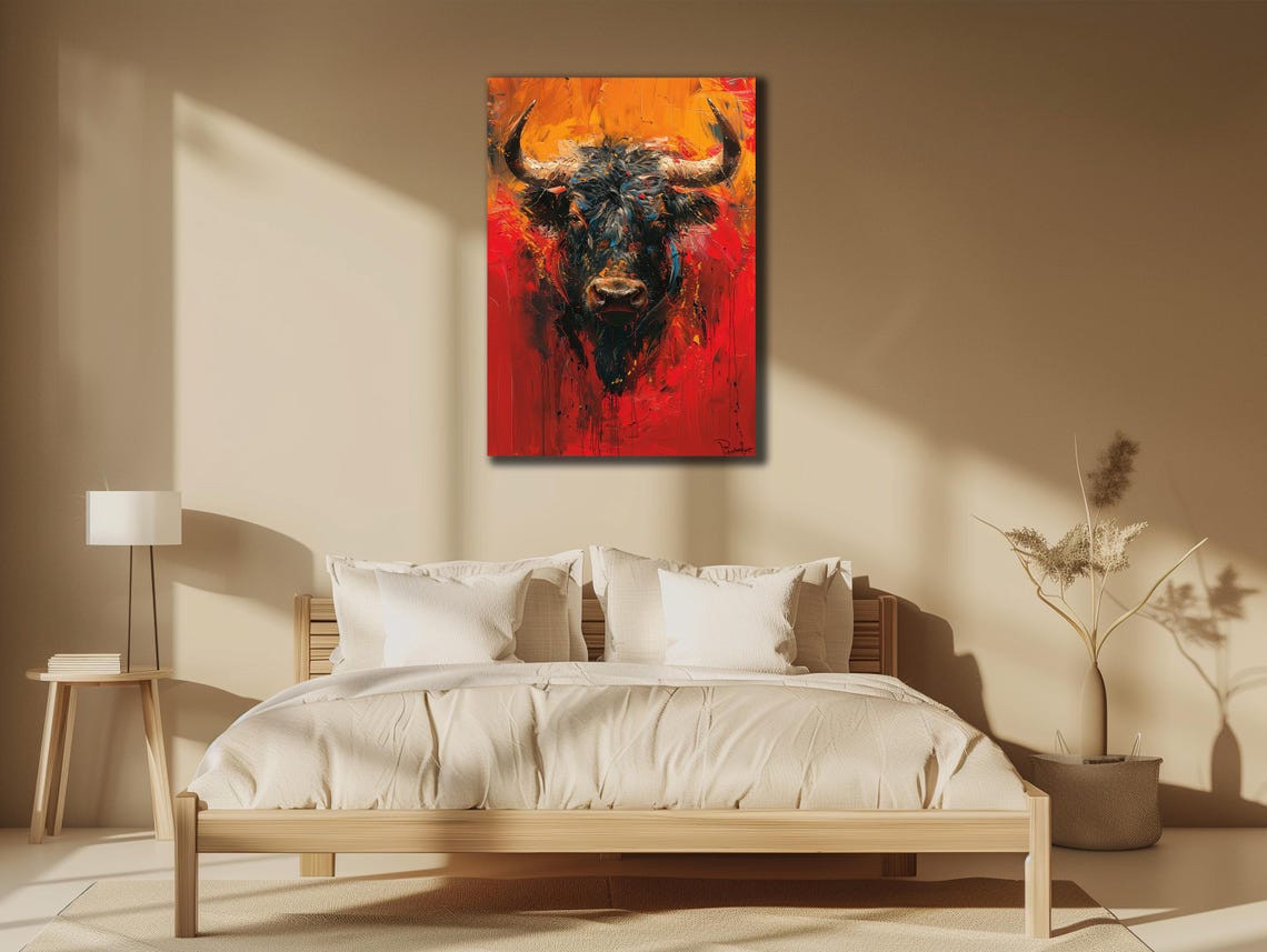 Black Bull Head Abstract Red Painting Fiery Expressionist Bull Poster
