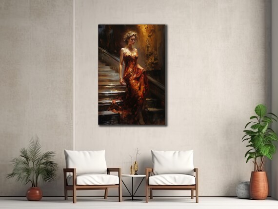 Elegant Woman In Flowing Red Dress Descending Stairs Art Poster
