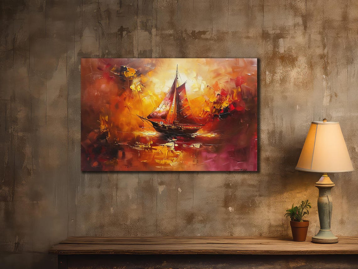 Fiery Red Sail Sunset Over Dark Ocean Abstract Ship Sailing Art Poster - Image 2