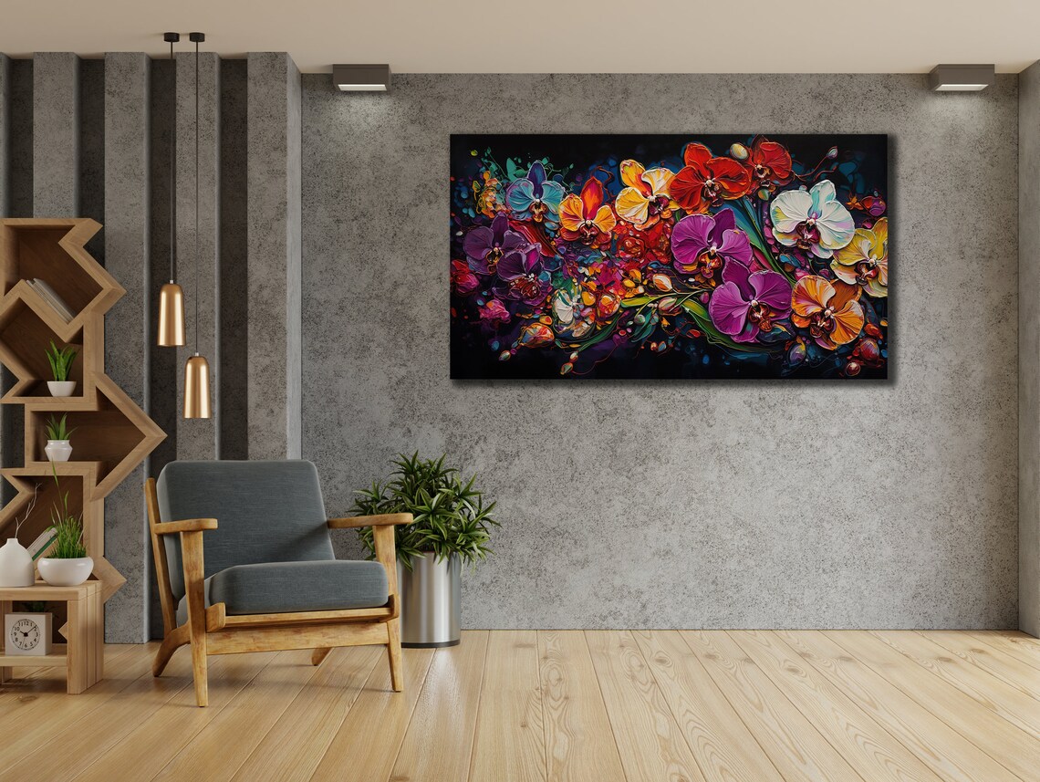 Colorful Orchids Black Background Vibrant Floral Oil Painting Poster - Image 2