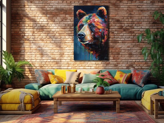 Bear Head Rainbow Brushstrokes Dark Blue Wildlife Wall Art Print