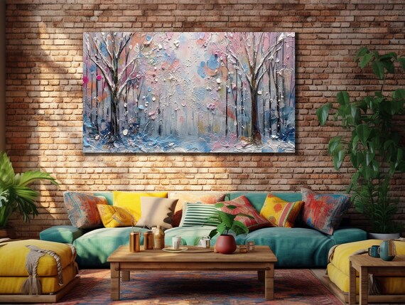 Forest Oil Painting On Landscape Print Nature Wall Art Snow And Forest Wall Decor Cherry Tree Art Home Gift