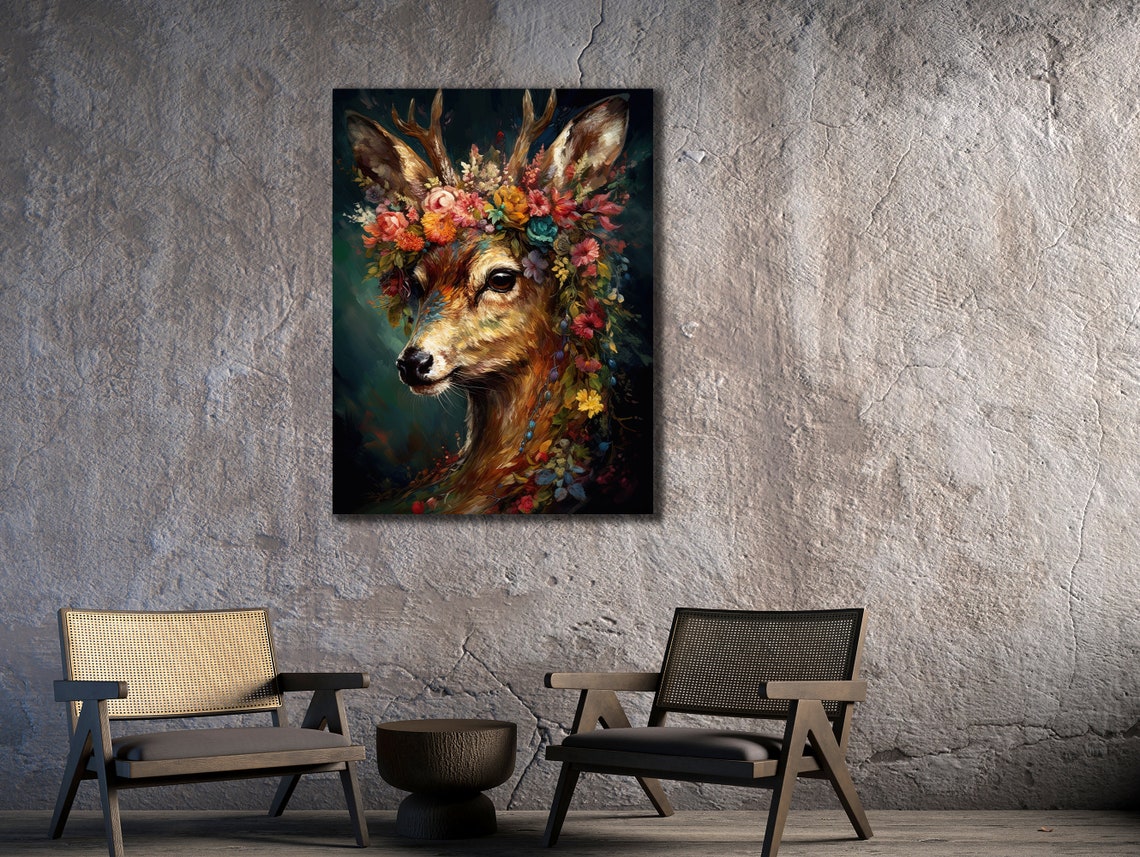 Deer Portrait With Floral Crown Colorful Botanical Animal Wall Print - Image 2