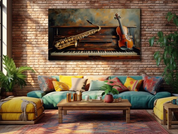 Vintage Piano With Saxophone Violin Jazz Music Room Wall Art Poster