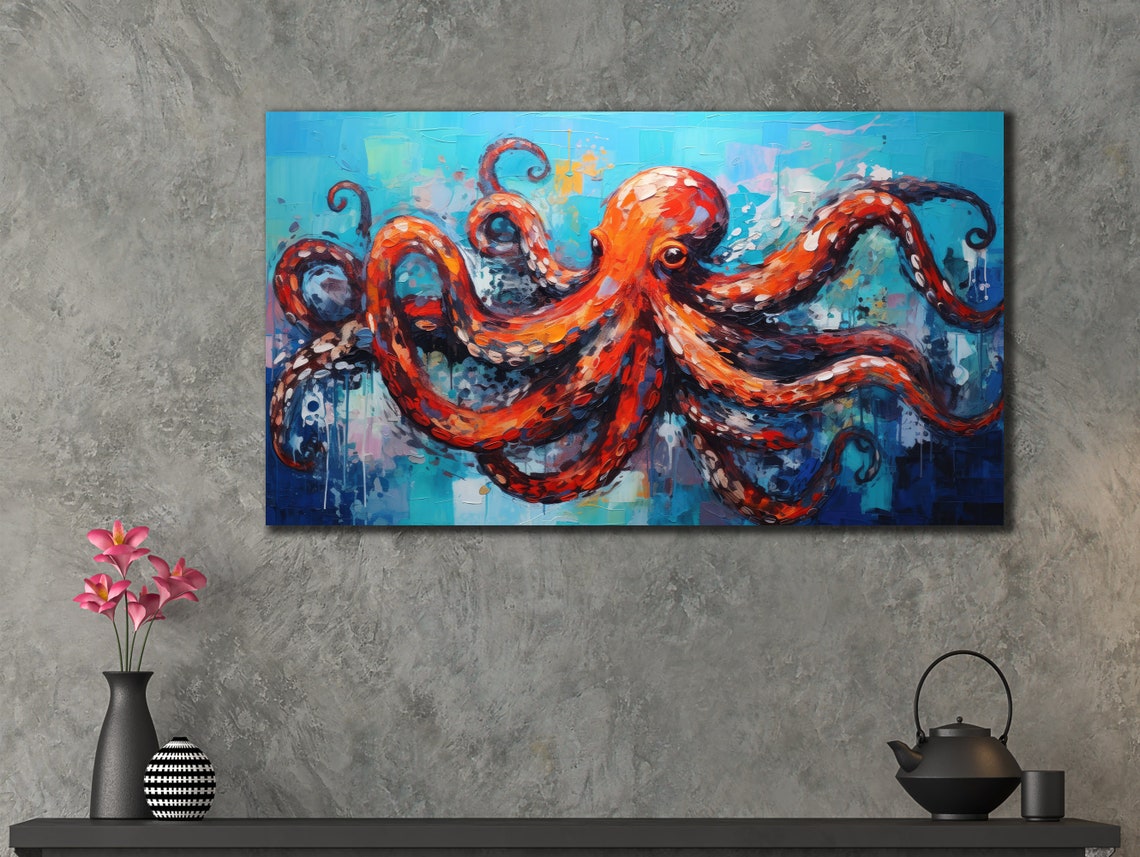Red Octopus Blue Ocean Bold Curling Tentacles Sea Life Poster - Image 3