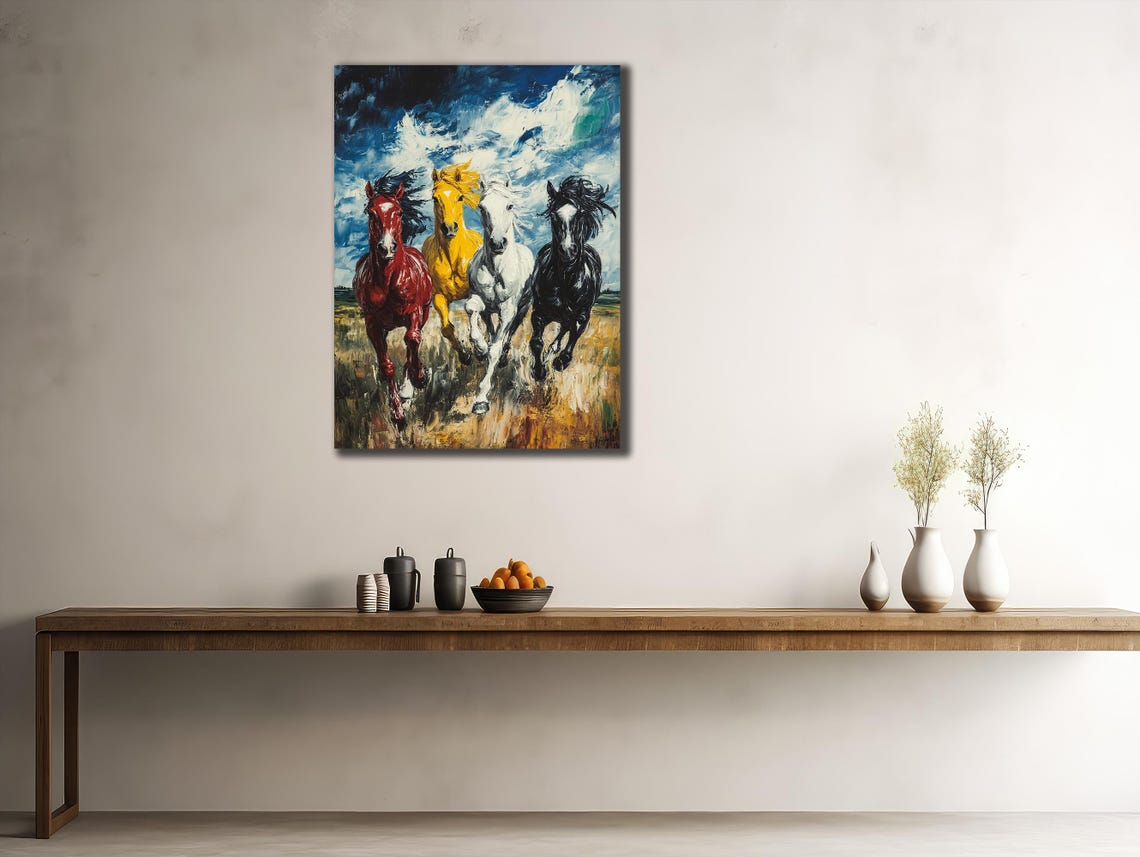 Four Running Horses Colorful Gallop Wild Herd Dynamic Wall Art Poster - Image 2