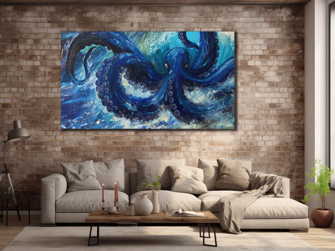Majestic Dark Blue Octopus Ocean Waves Dramatic Sea Life Poster