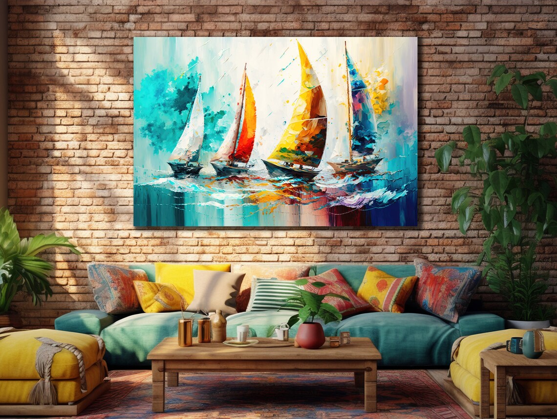 Colorful Sailboats Teal Ocean Abstract Painting Nautical Wall Poster