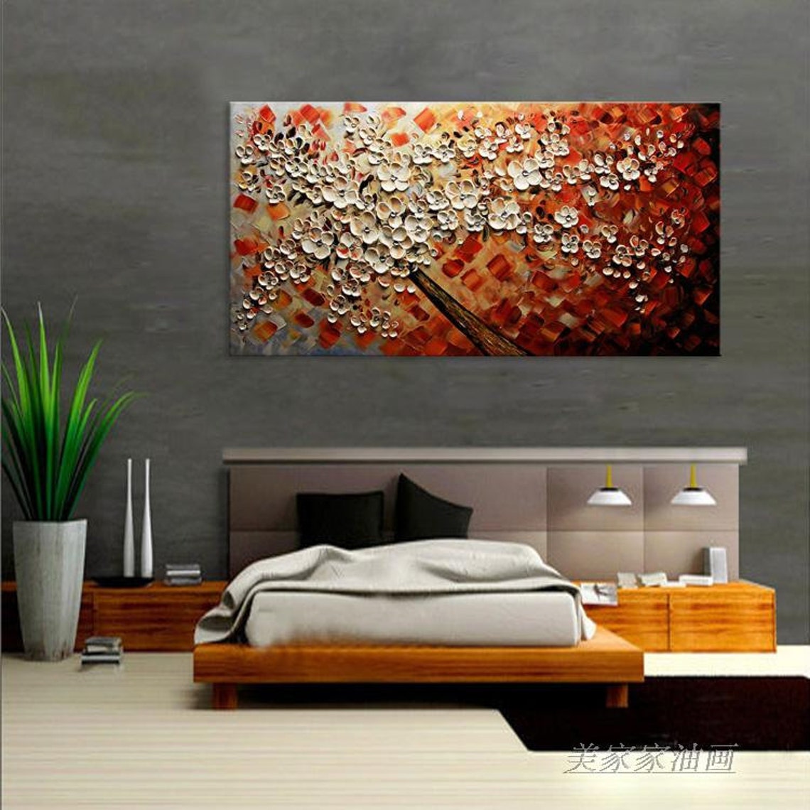 White Cherry Blossom Tree On Fiery Red Textured Oil Paint Poster - Image 3