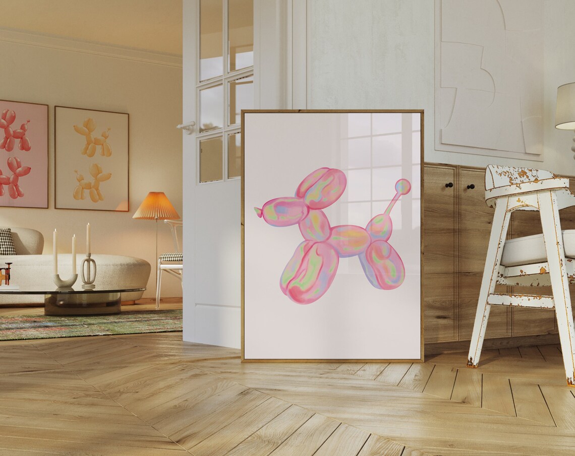 Pink Tie Dye Balloon Dog Playful Puppy Iridescent Art Room Poster