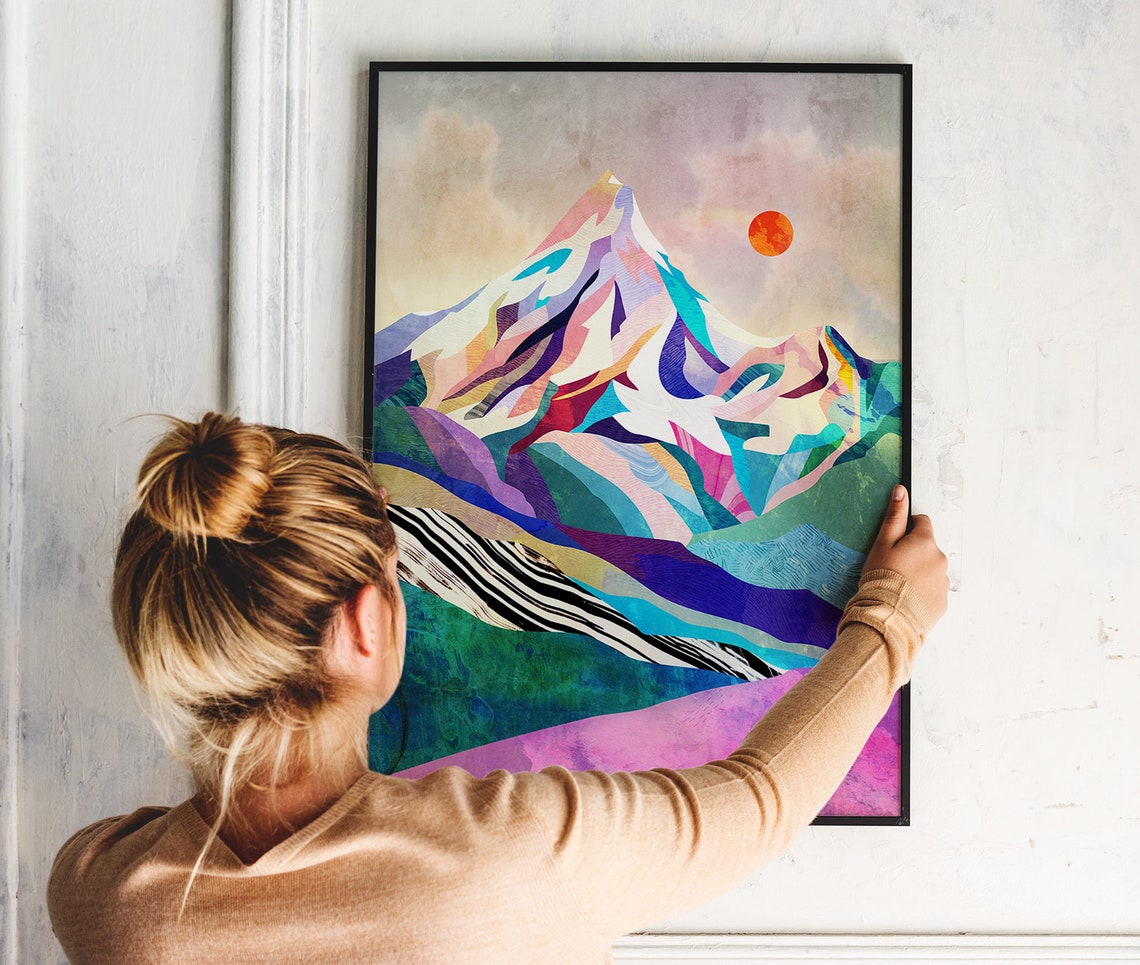 Colorful Patchwork Mountain Red Sun Abstract Peak Landscape Art Poster - Image 4