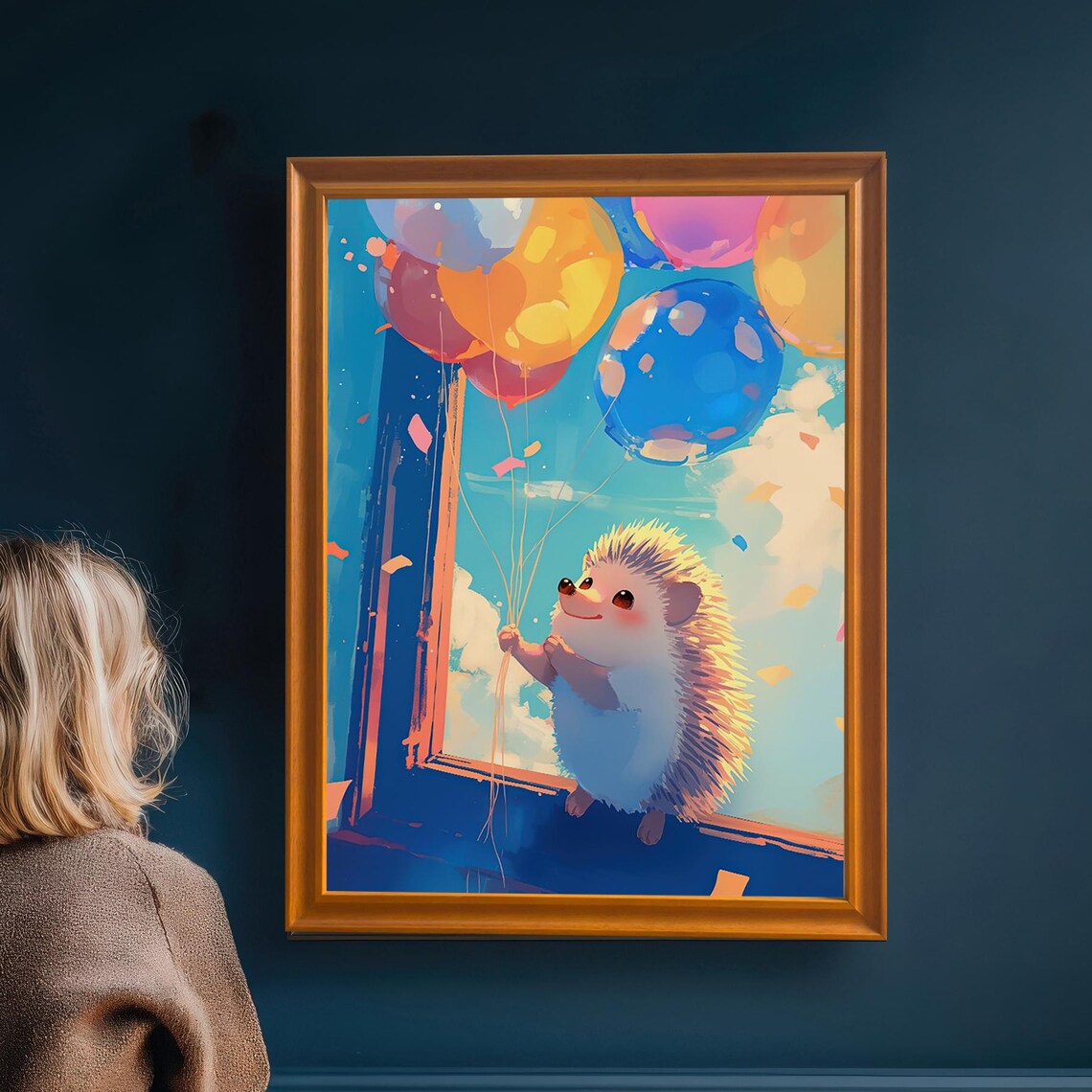 Cute Smiling Hedgehog With Colorful Balloons At Window Poster