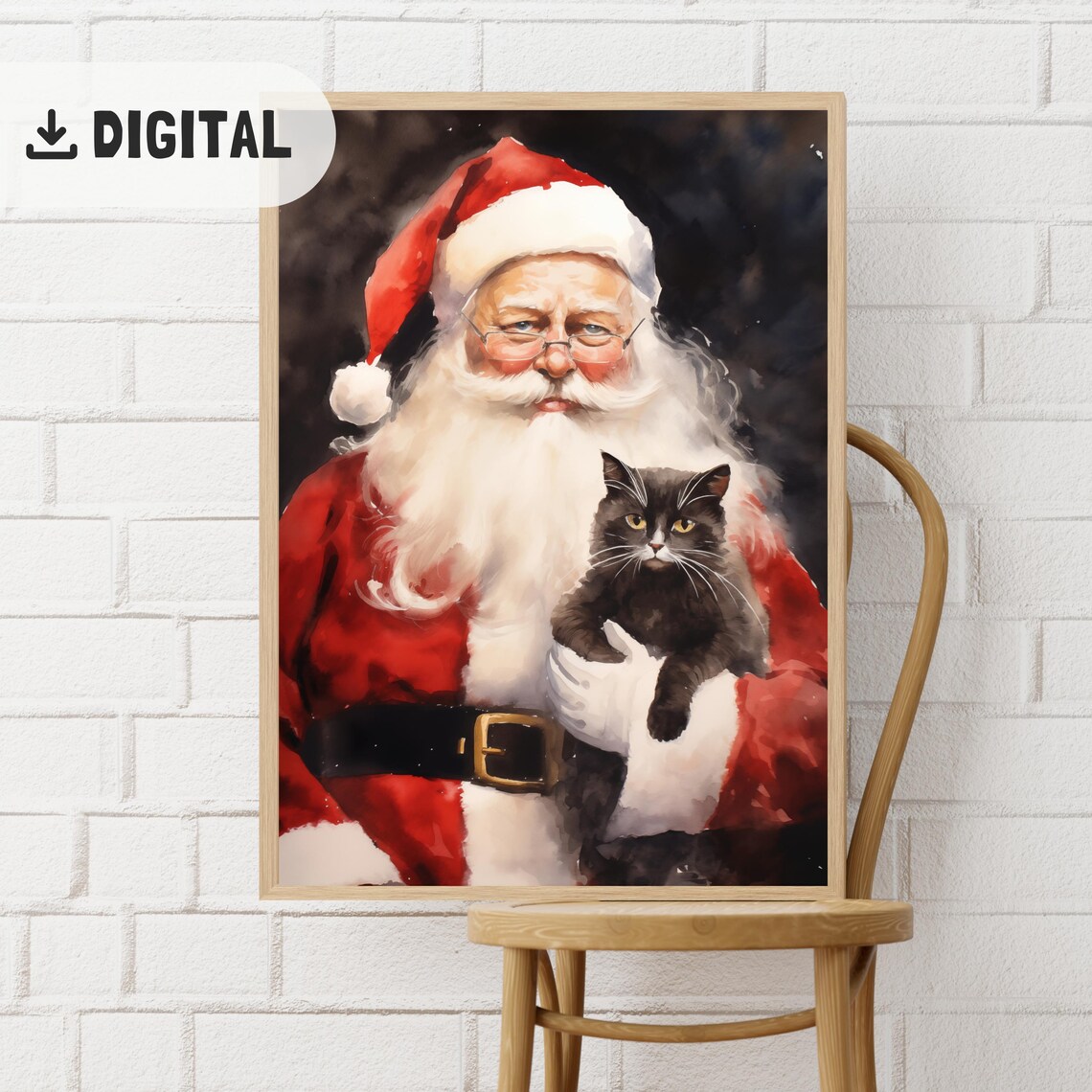 Santa Claus With Black Cat Watercolor Night Christmas Poster