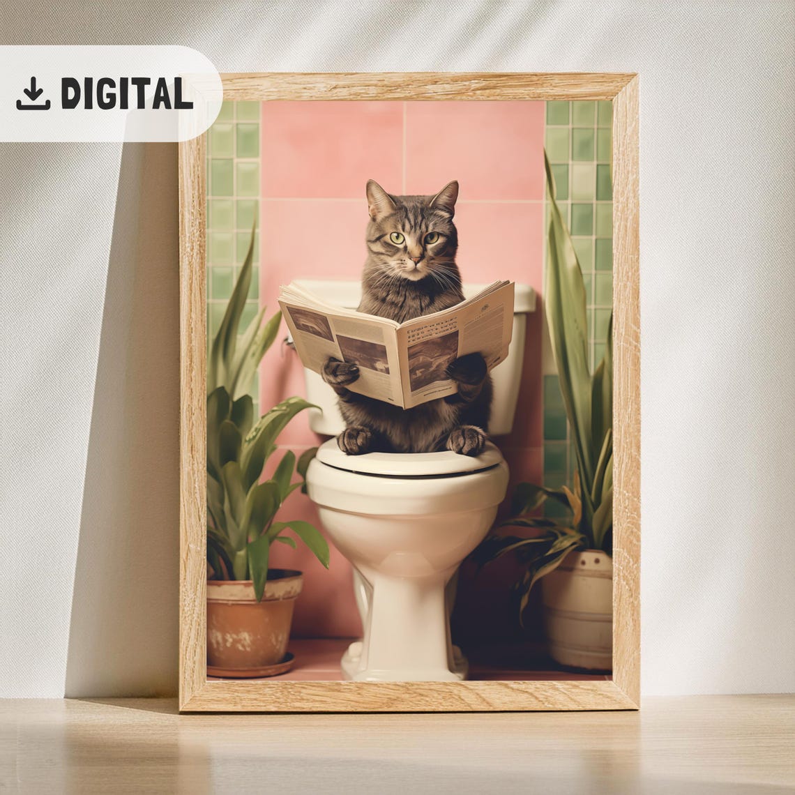 Tabby Cat Reading Newspaper On Toilet With Plants Botanical Poster - Image 2