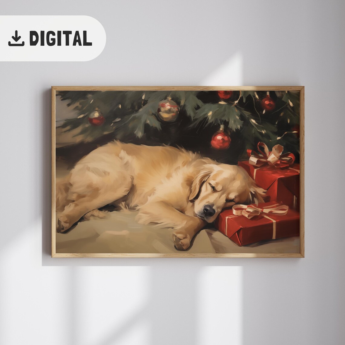 Sleeping Dog Christmas Print Golden Retriever Christmas Wall Art Winter Holiday Painting Vintage Christmas Dog Lover Home Decor