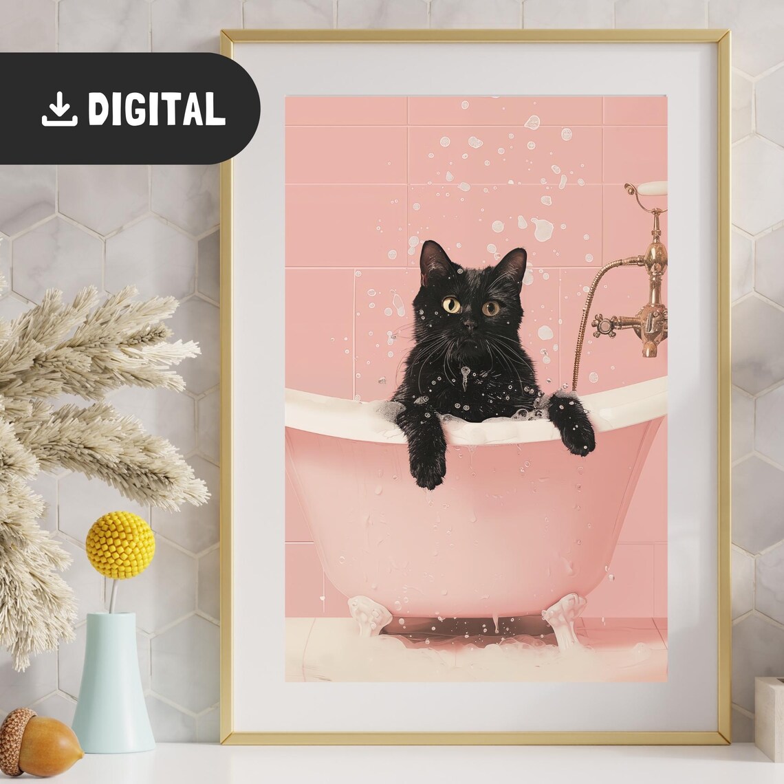 Bathtub Cat Poster, Funny Black Cat Bathroom Art - Image 2