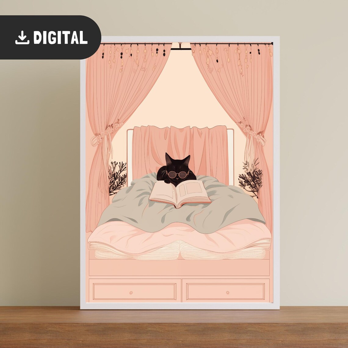 Black Cat With Glasses Reading Under Pink Canopy Bed Illustration Wall Art - Image 2