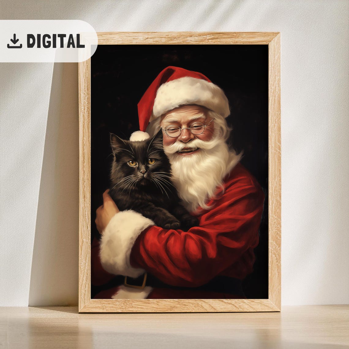 Santa Claus With Black Cat Dark Background Vintage Oil Poster