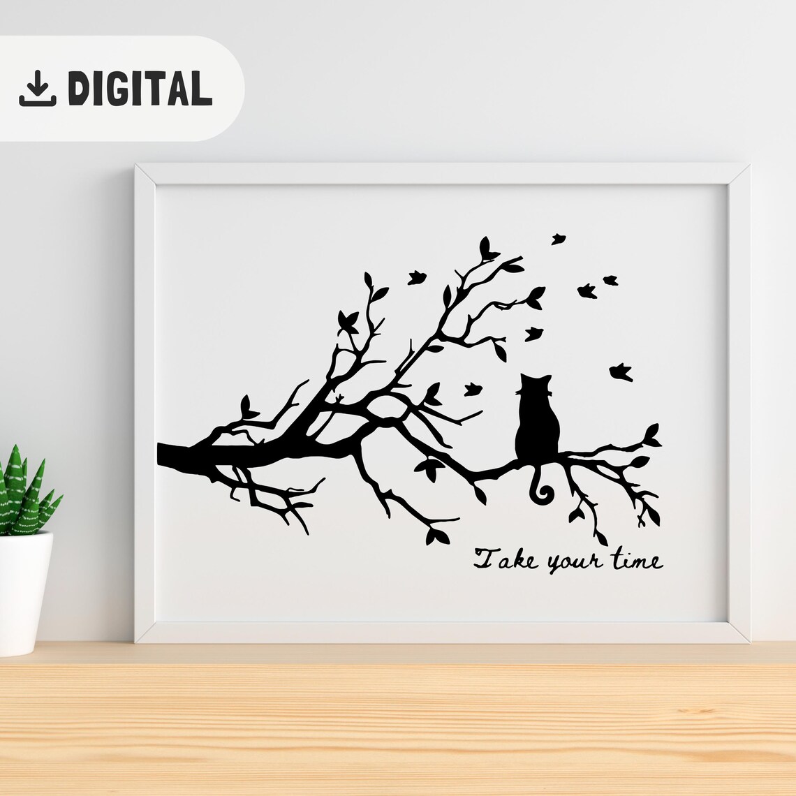 Take Your Time Quote Black Cat on Branch with Birds Art Poster