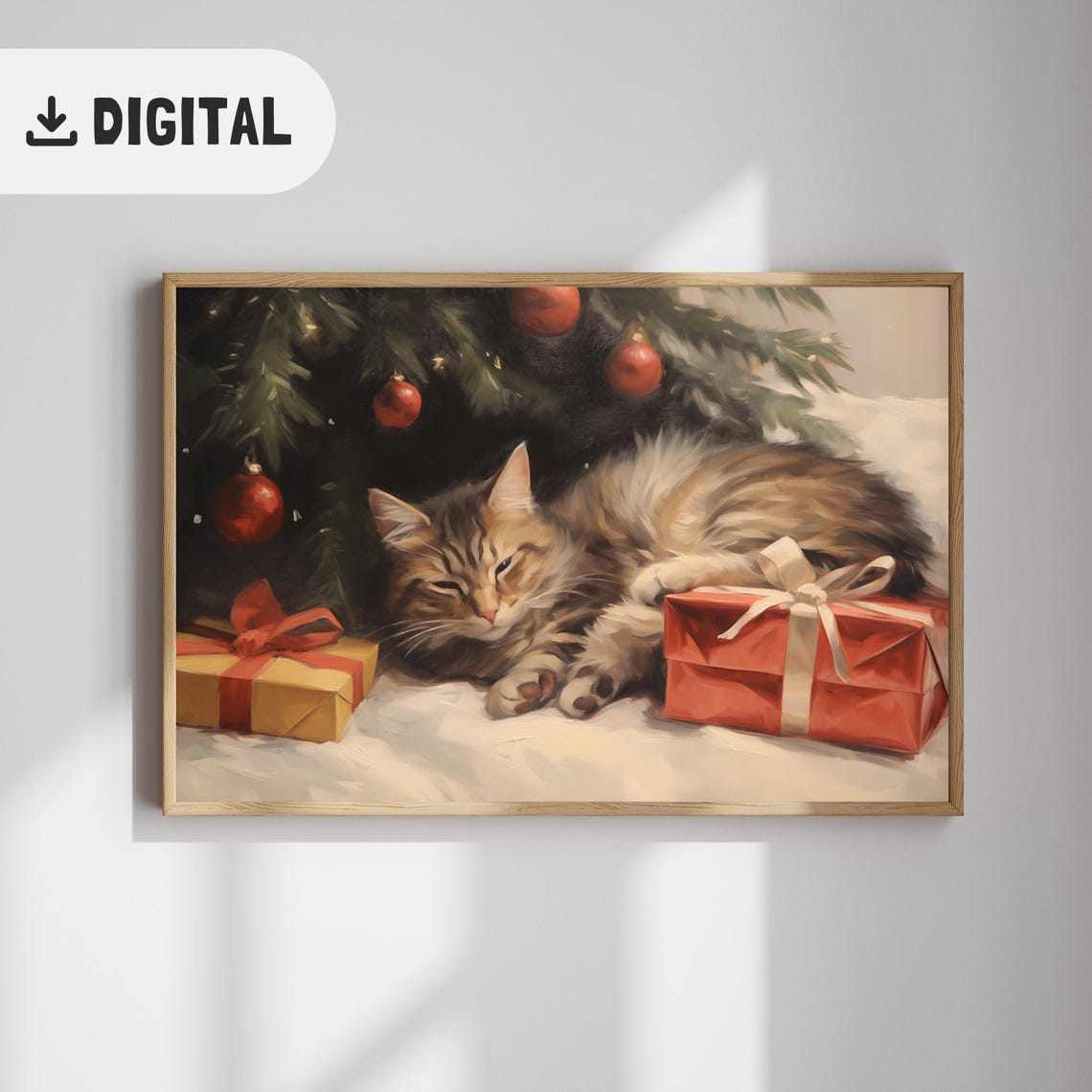 Sleeping Long Haired Cat Among Gifts Red Ornaments Christmas Poster - Image 2