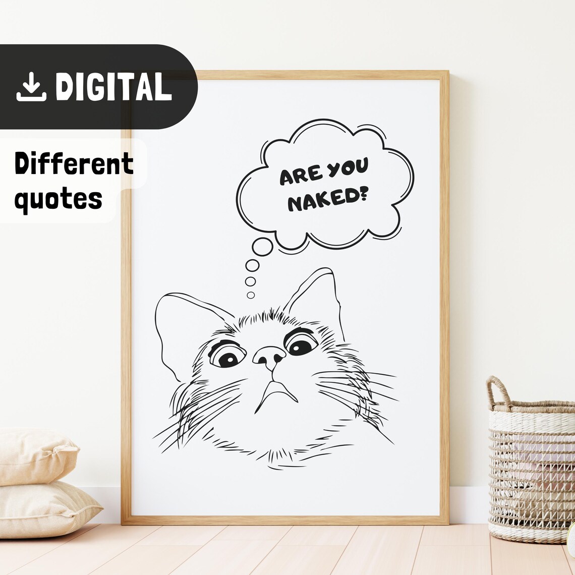 Are You Naked Thought Bubble Funny Cat Line Art Bathroom Poster