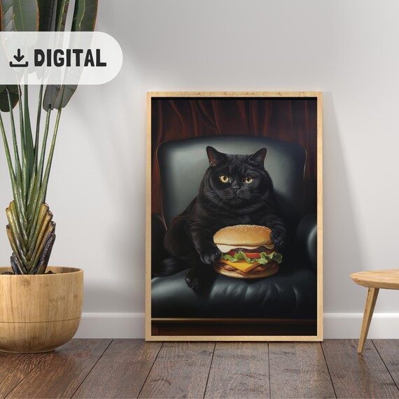 Black Cat With Cheeseburger Leather Chair Painterly Poster Gift