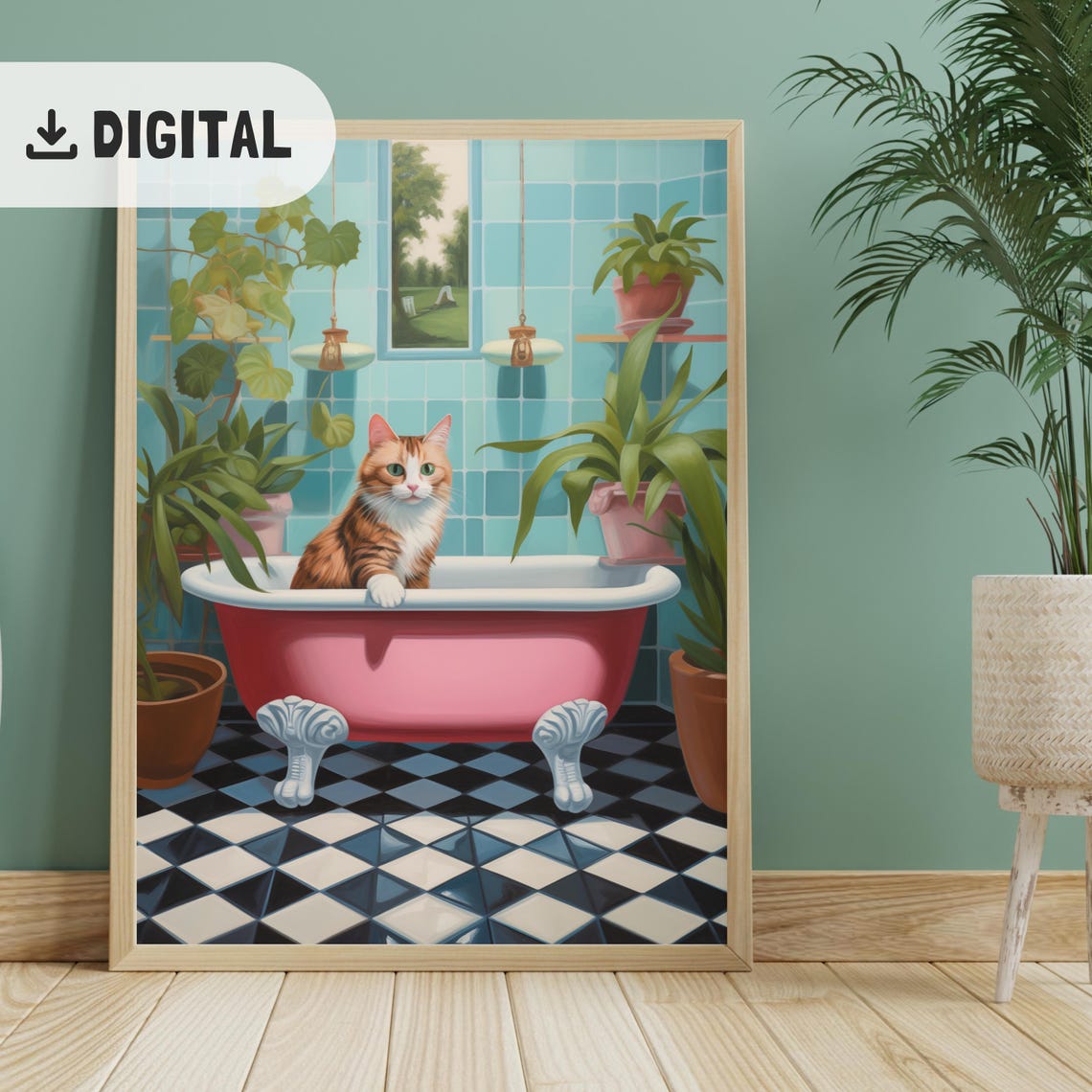 Orange Tabby Cat In Pink Clawfoot Tub Blue Tile Bathroom Poster