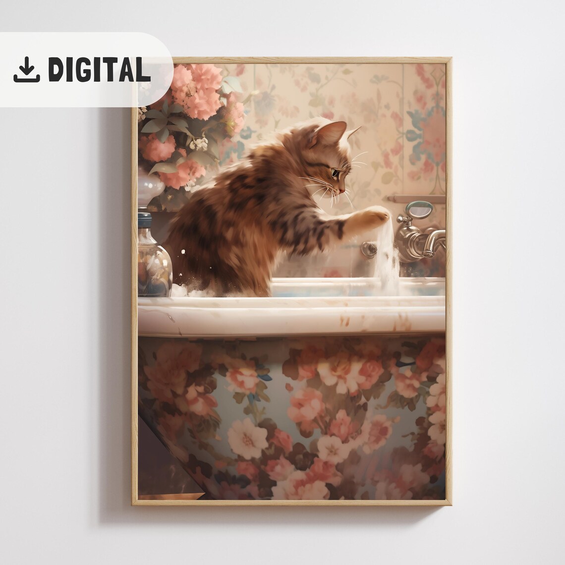 Brown Tabby Cat at Vintage Sink Playing with Tap Water Poster