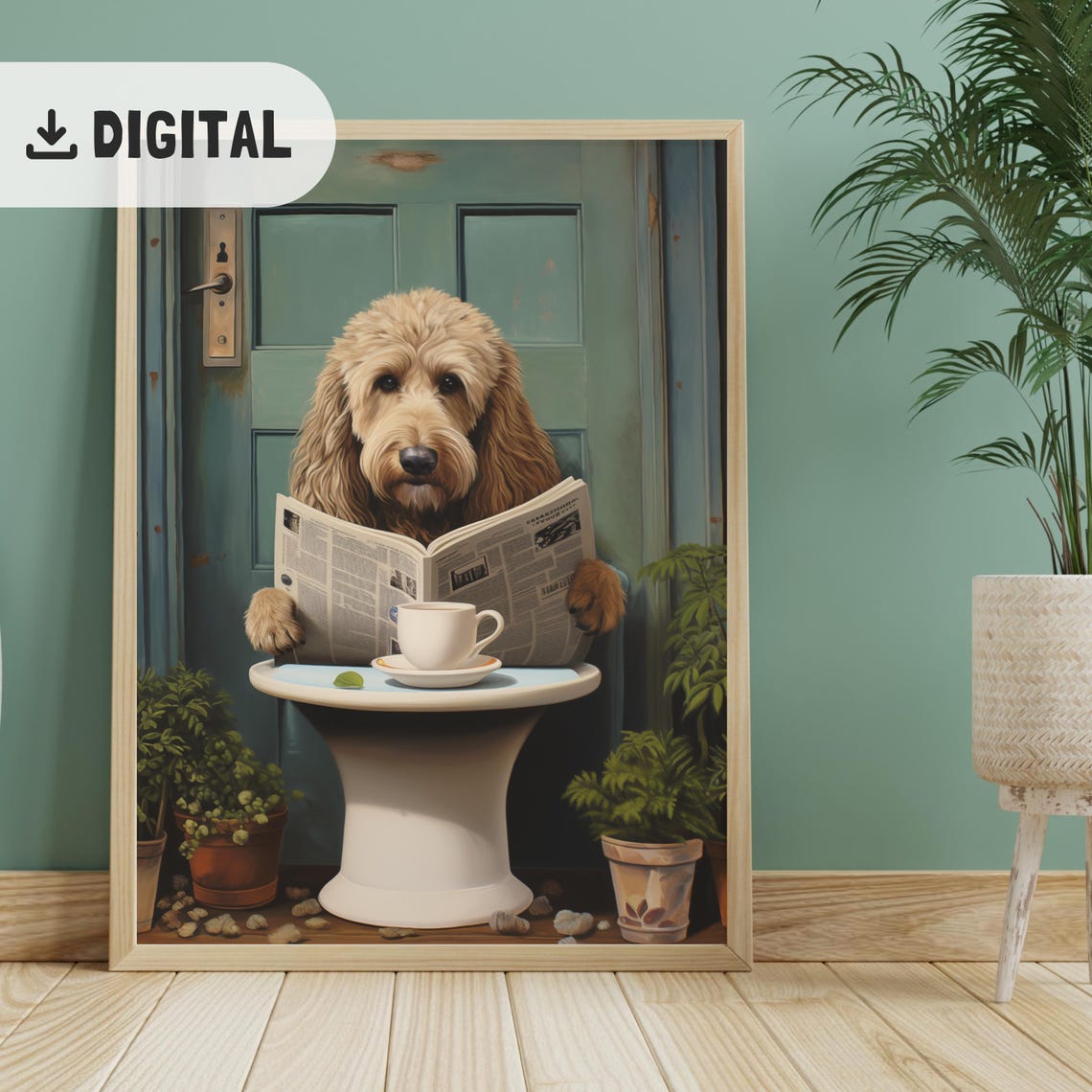 Goldendoodle with Newspaper and Coffee on Toilet Funny Dog Poster