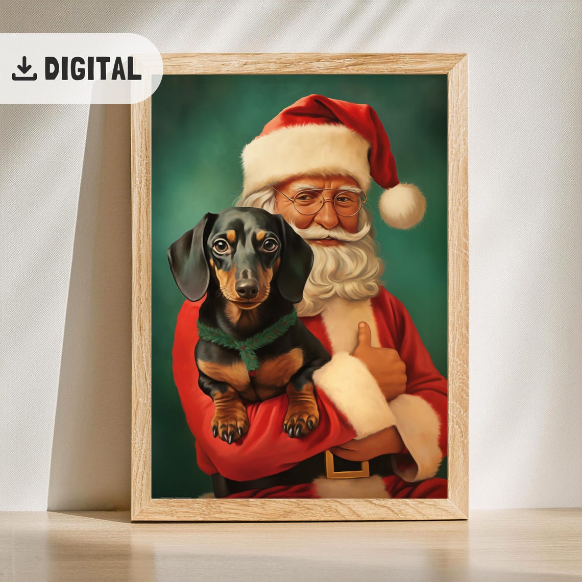 Vintage Santa With Dachshund Painting Dachshund Christmas Wall Art Funny Santa Claus Christmas Dog Print Retro Dogful Poster Doxie Xmas