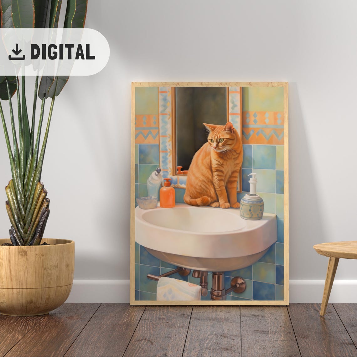 Orange Tabby Cat Sitting on Bathroom Sink with Colorful Tiles Poster - Image 2