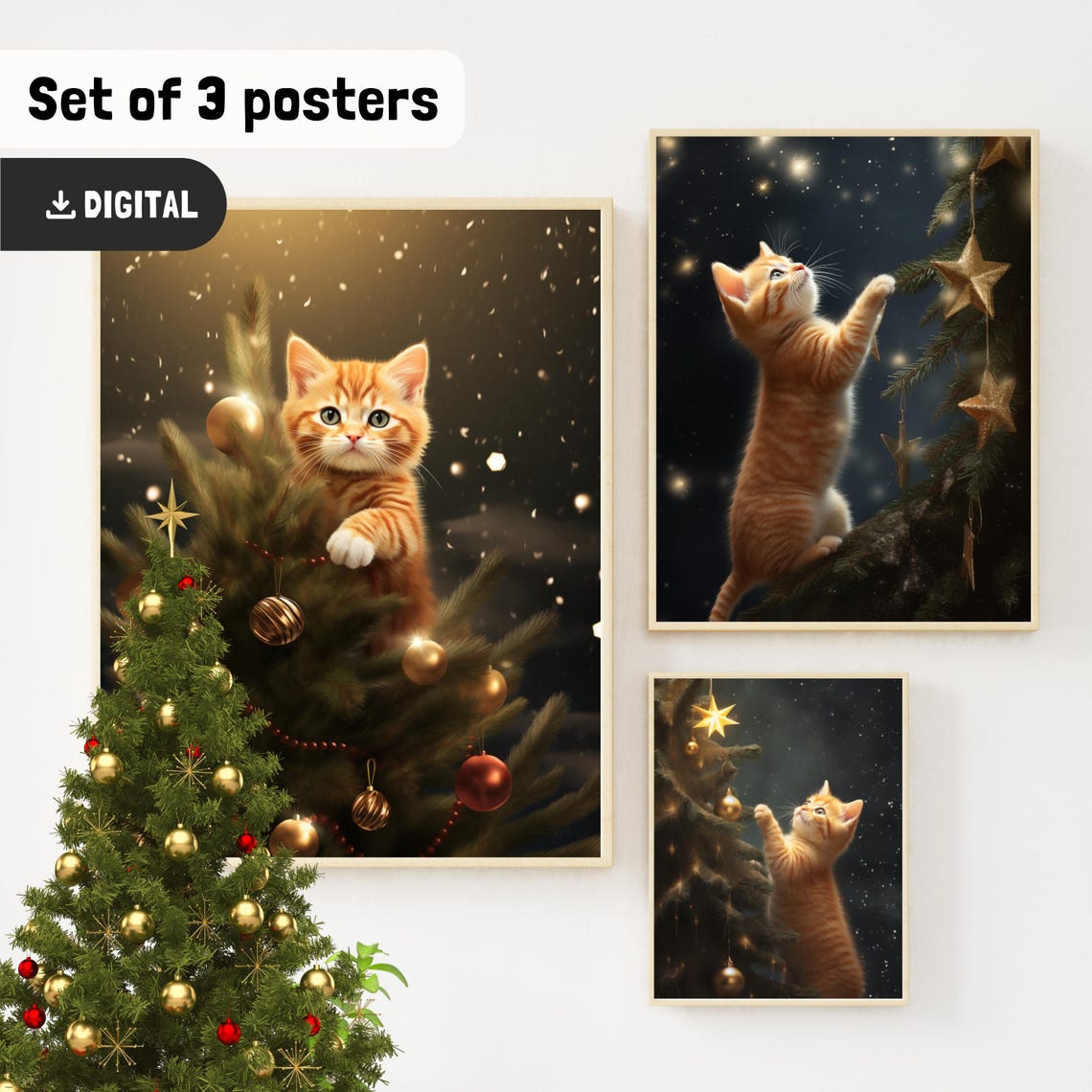 Orange Kitten Perched In Christmas Tree Holiday Baubles Poster - Image 3