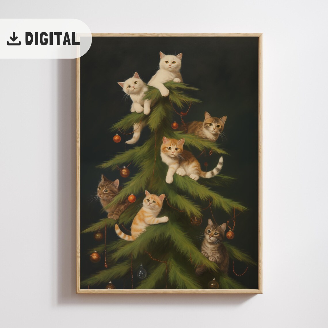 Seven Kittens Climbing Christmas Tree Classic Painting Poster