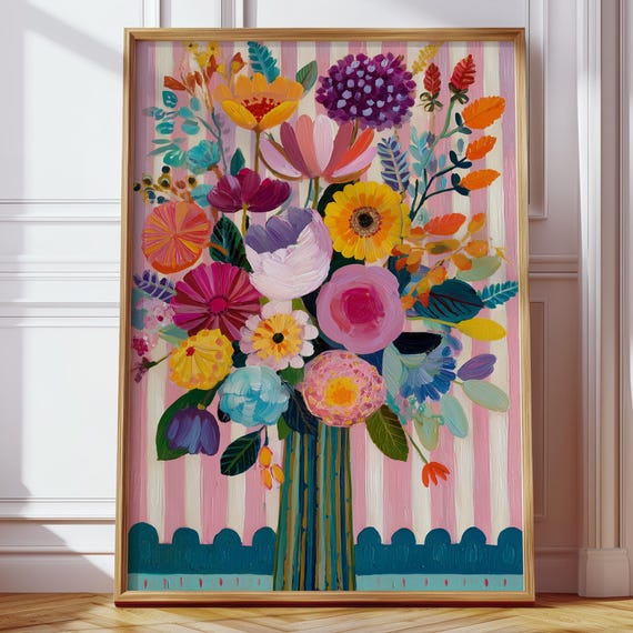 Vibrant Abstract Floral Bouquet Wall Art Print Colorful Boho Flower Illustration For Modern Home Decor Danish Pastel Whimsical Artwork