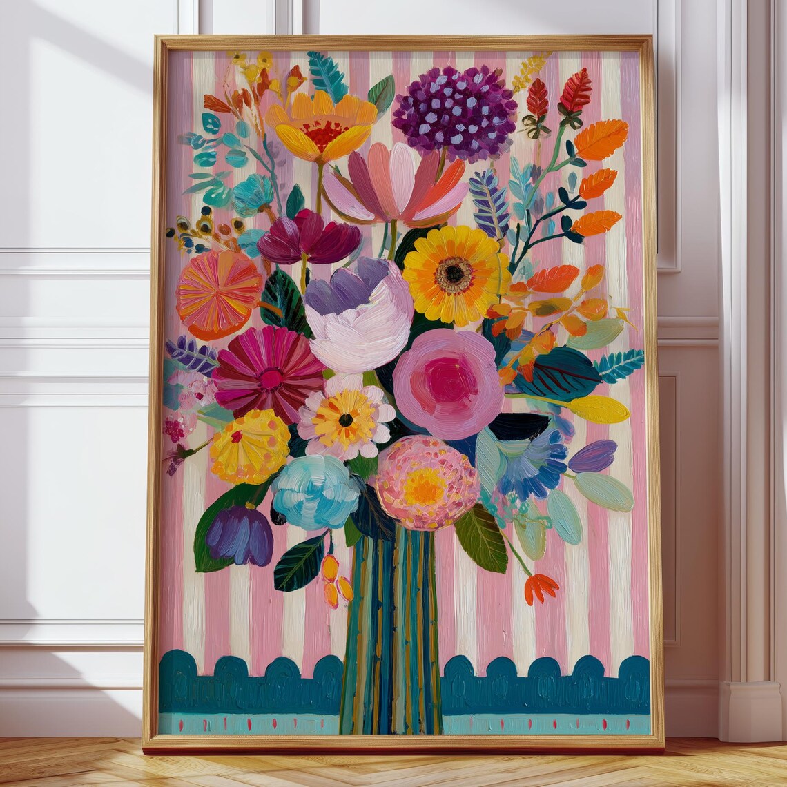 Colorful Wildflower Bouquet Teal Vase Striped Boho Floral Art Print