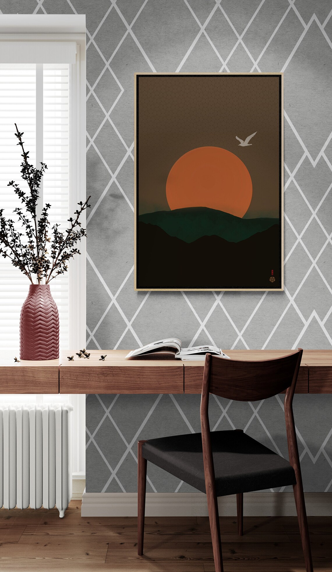 Japandi Red Sun Mountain Sunset Minimalist Zen Style Art Poster - Image 2
