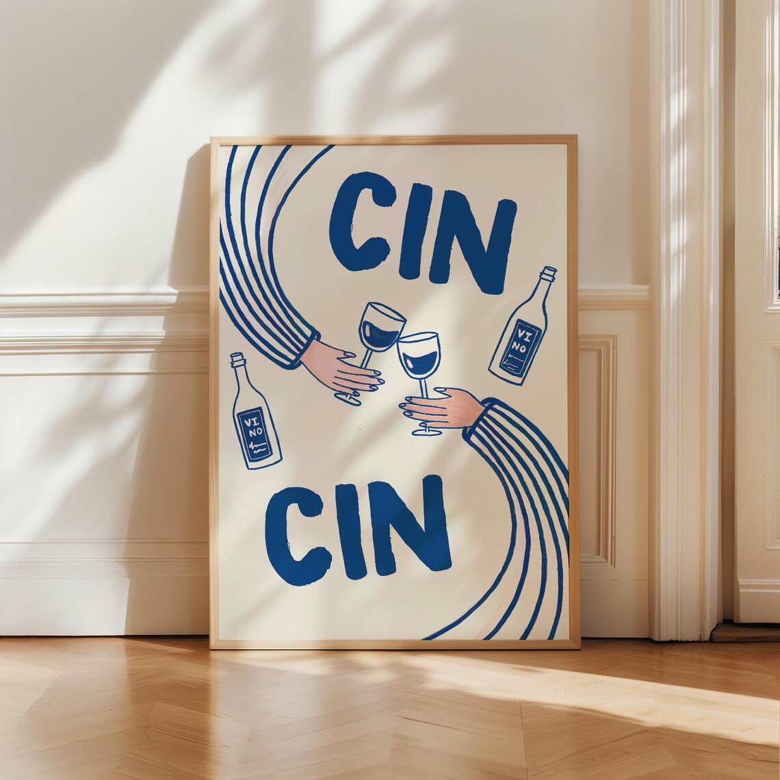 Cin Cin Cheers Blue and White Wine Toast Retro Bar Cart Poster