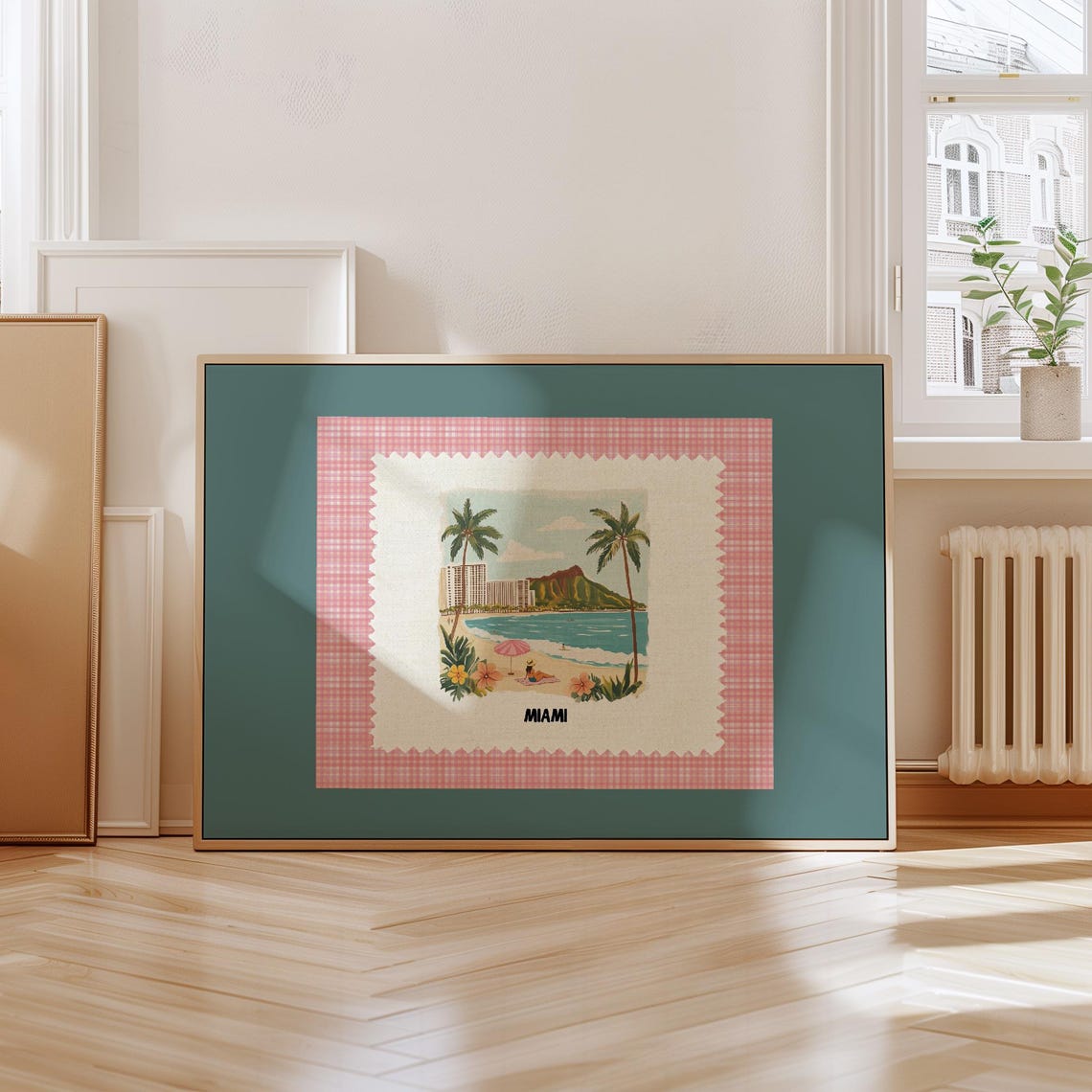 Miami Florida Retro Beach Travel Gingham Frame Wall Decor Poster