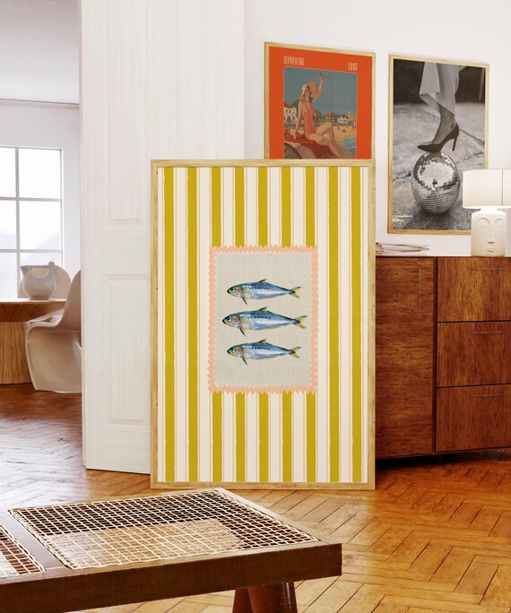 Vintage Sardines Fish Green Pink Stripe Trendy Kitchen Wall Art Retro Modern Food Home Decor
