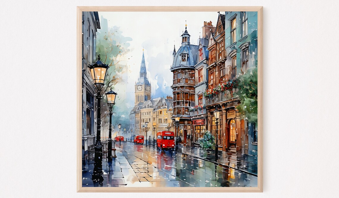 London Big Ben Red Buses Rainy Evening Street Watercolor Print