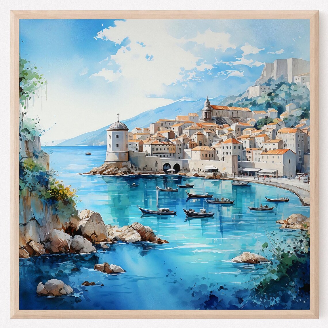 Dubrovnik Croatia Old Town Harbor Boats Watercolor Travel Poster