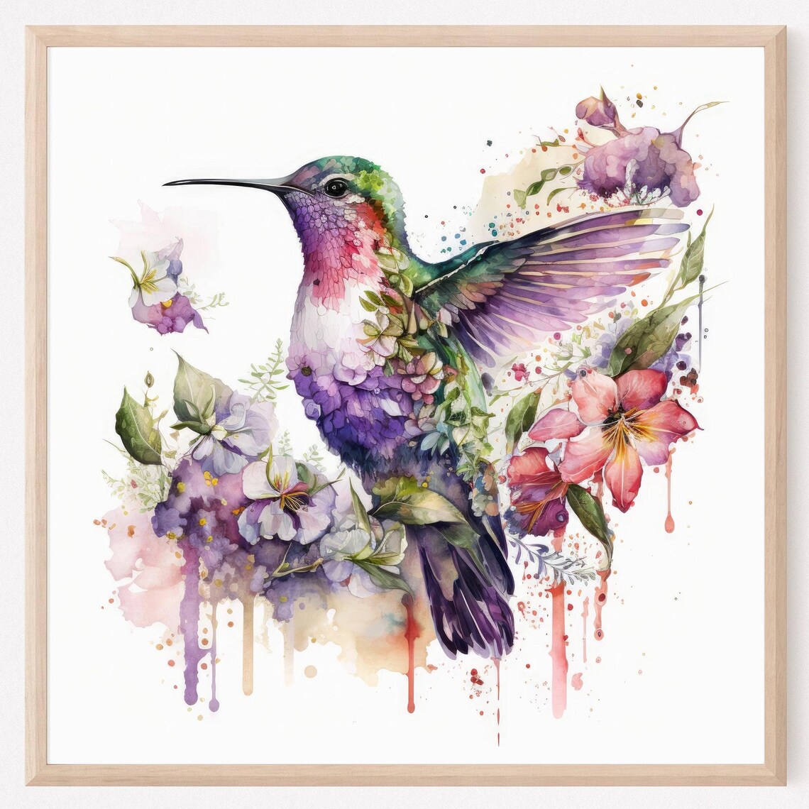 Colorful Hummingbird Watercolor Floral Bird Botanical Art Poster
