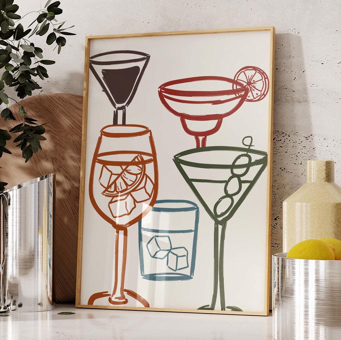 Retro Cocktail Glasses Line Art Martini Margarita Bar Cart Poster - Image 2