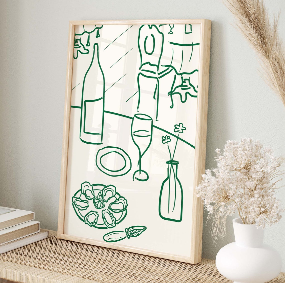Wine and Oysters Green Line Drawing Bistro Kitchen Decor Poster - Image 2