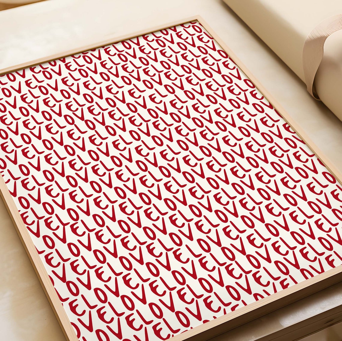 Red Love Repeat Pattern Handwritten Typography Valentine Wall Art - Image 3