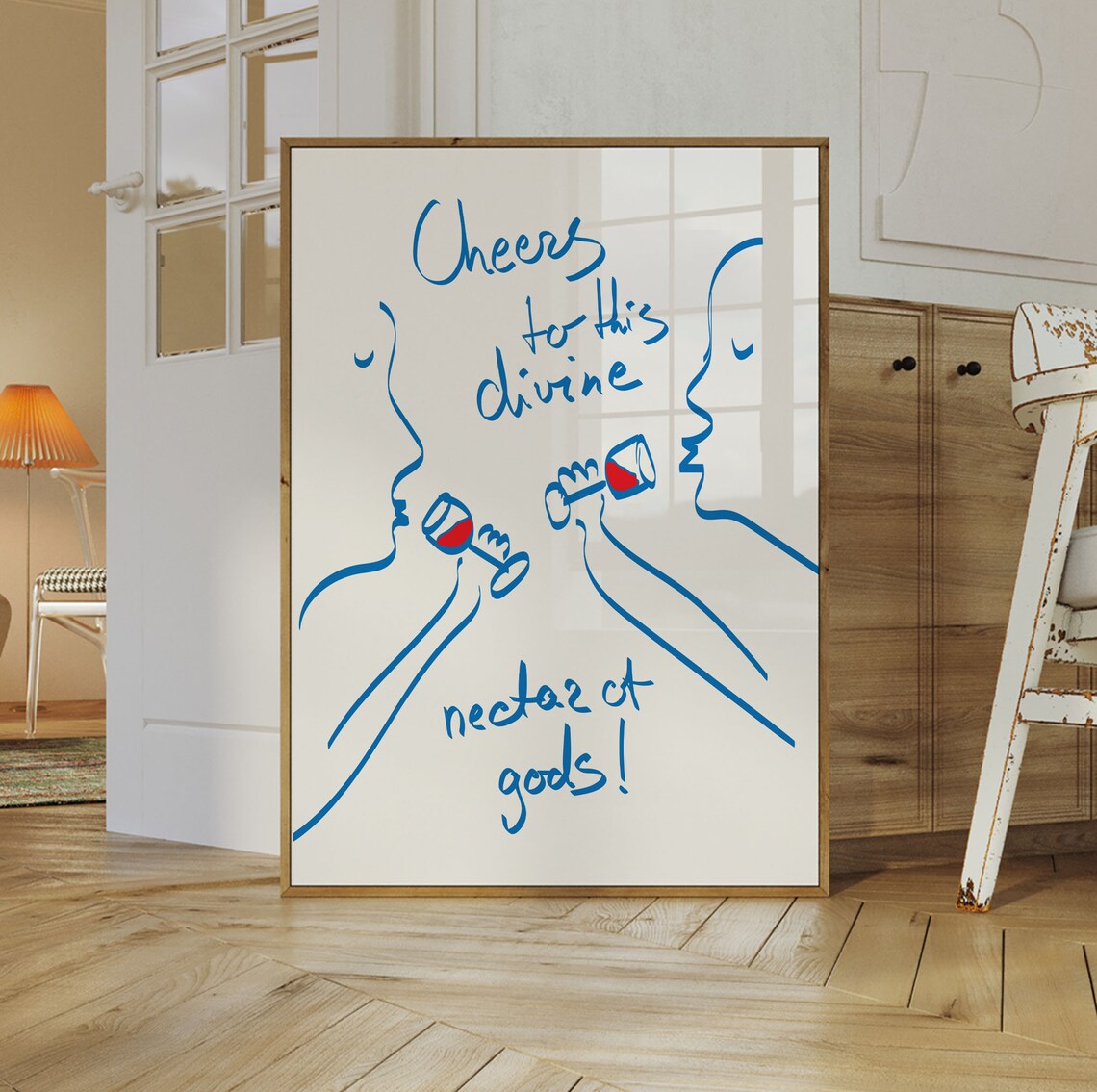 Cheers Divine Wine Blue Line Art Toast Profiles Quote Poster - Image 3