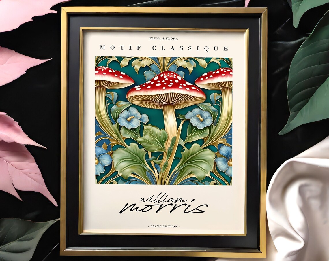 William Morris Motif Classique Red Mushroom And Blue Floral Poster