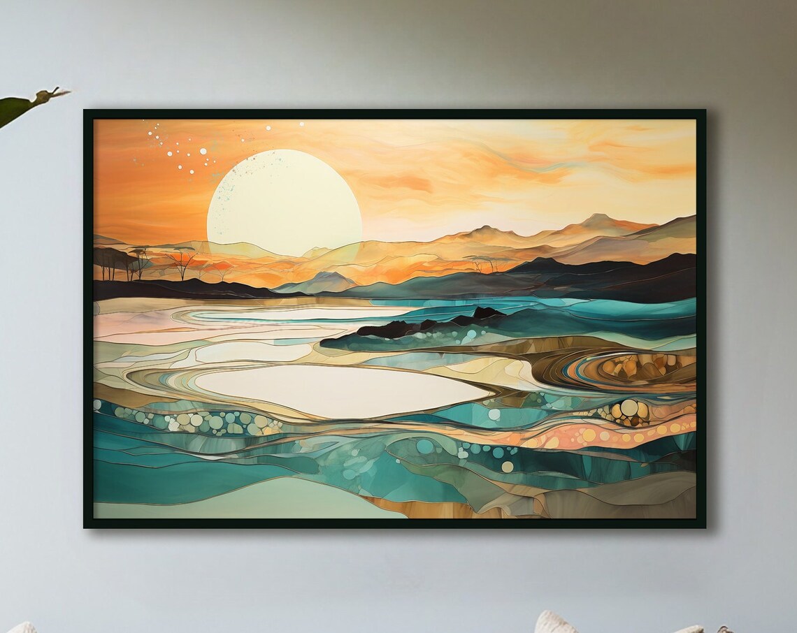 Abstract Nature Inspired Landscape Wall Art Print Surreal Teal Brown Beige Orange Artwork Boho Poster Print Earth Tones Home Decor Art