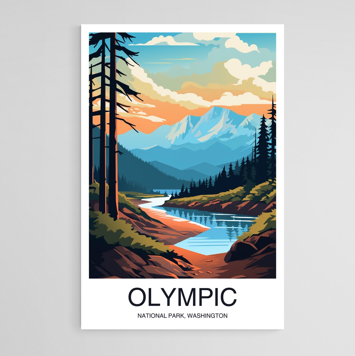 Olympic National Park Washington Sunset Mountain Lake Travel Poster